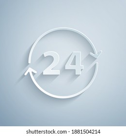 Paper cut Clock 24 hours icon isolated on grey background. All day cyclic icon. 24 hours service symbol. Paper art style. Vector.