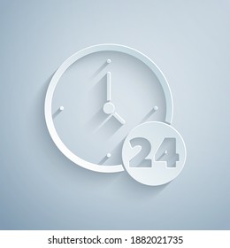 Paper cut Clock 24 hours icon isolated on grey background. All day cyclic icon. 24 hours service symbol. Paper art style. Vector.