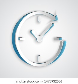 Paper cut Clock with arrow icon isolated on grey background. Time symbol. Clockwise rotation icon arrow and time. Paper art style. Vector Illustration