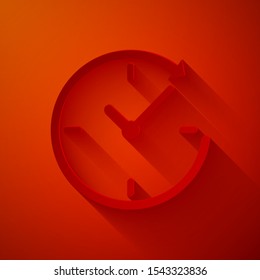 Paper cut Clock with arrow icon isolated on red background. Time symbol. Clockwise rotation icon arrow and time. Paper art style. Vector Illustration