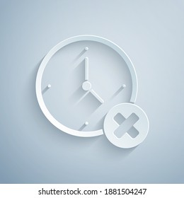 Paper cut Clock delete icon isolated on grey background. Time symbol. Paper art style. Vector.