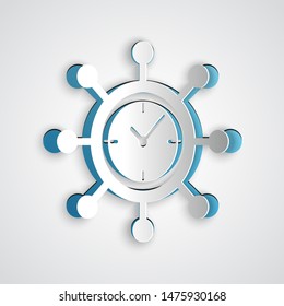 Paper cut Clock and gear icon isolated on grey background. Time Management symbol. Business concept. Hub and spokes and clock solid icon. Paper art style. Vector Illustration