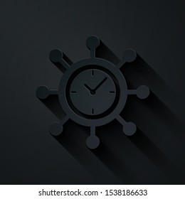 Paper cut Clock and gear icon isolated on black background. Time Management symbol. Business concept. Hub and spokes and clock solid icon. Paper art style. Vector Illustration