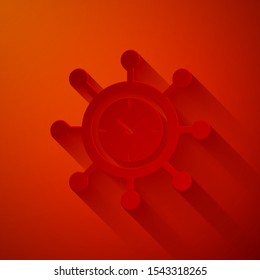 Paper cut Clock and gear icon isolated on red background. Time Management symbol. Business concept. Hub and spokes and clock solid icon. Paper art style. Vector Illustration