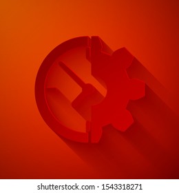 Paper cut Clock and gear icon isolated on red background. Time Management symbol. Business concept. Paper art style. Vector Illustration