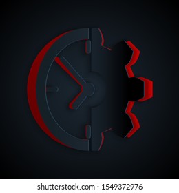 Paper cut Clock and gear icon isolated on black background. Time Management symbol. Business concept. Paper art style. Vector Illustration