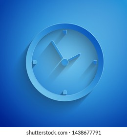 Paper cut Clock icon isolated on blue background. Time symbol. Paper art style. Vector Illustration