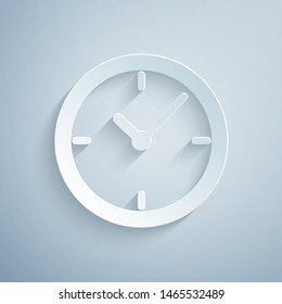 Paper cut Clock icon isolated on grey background. Paper art style. Vector Illustration