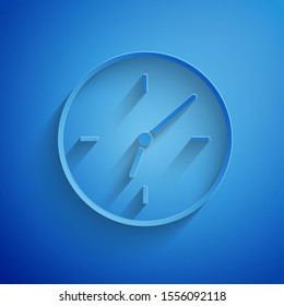 Paper cut Clock icon isolated on blue background. Time symbol. Paper art style. Vector Illustration