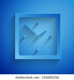 Paper cut Clock icon isolated on blue background. Time symbol. Paper art style. Vector Illustration