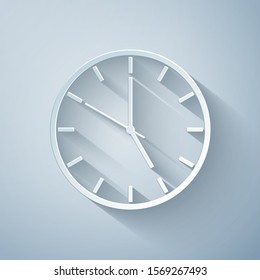 Paper cut Clock icon isolated on grey background. Time symbol. Paper art style. Vector Illustration
