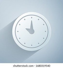 Paper cut Clock icon isolated on grey background. Time symbol. Paper art style. Vector Illustration