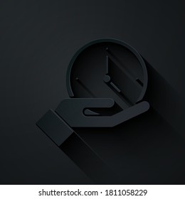 Paper cut Clock icon isolated on black background. Time symbol. Paper art style. Vector.
