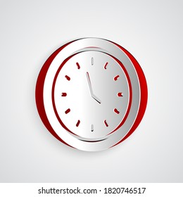 Paper cut Clock icon isolated on grey background. Time symbol. Paper art style. Vector Illustration