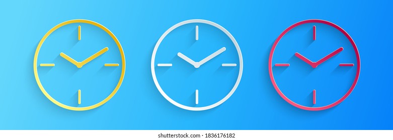 Paper cut Clock icon isolated on blue background. Time symbol. Paper art style. Vector.