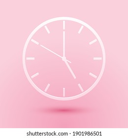 Paper cut Clock icon isolated on pink background. Time symbol. Paper art style. Vector.