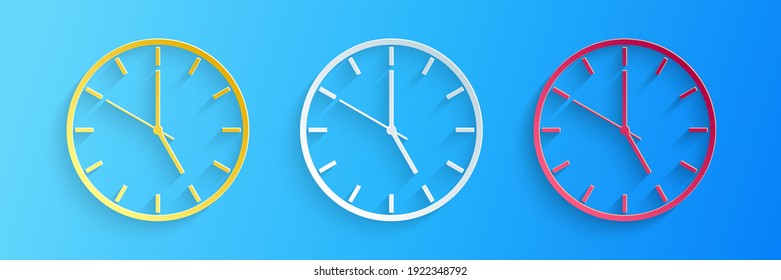 Paper cut Clock icon isolated on blue background. Time symbol. Paper art style. Vector.