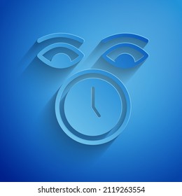 Paper cut Clock icon isolated on blue background. Time symbol. Paper art style. Vector