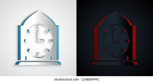 Paper cut Clock icon isolated on grey and black background. Time symbol. Paper art style. Vector