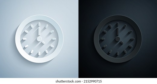 Paper cut Clock icon isolated on grey and black background. Time symbol. Paper art style. Vector