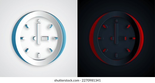 Papierschnitt Uhrsymbol einzeln auf grauem und schwarzem Hintergrund. Zeitsymbol. Kunststil aus Papier. Vektorgrafik