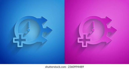 Paper cut Clock icon isolated on blue and purple background. Time symbol. Paper art style. Vector