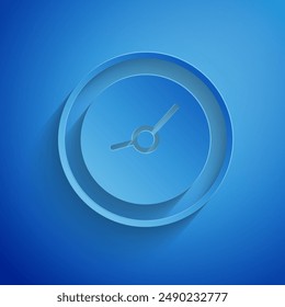 Icono del reloj aislado sobre fondo azul. Símbolo de tiempo. Estilo de arte de papel. Ilustración vectorial