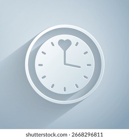 Paper cut Clock icon isolated on grey background. Time symbol. Paper art style. Vector