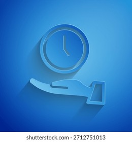 Paper cut Clock icon isolated on blue background. Time symbol. Paper art style. Vector
