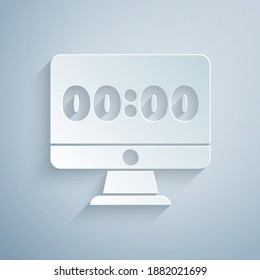 Paper cut Clock on computer monitor screen icon isolated on grey background. Schedule concepts. Paper art style. Vector.