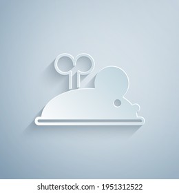 Paper Cut Clockwork Mouse Icon Isolated On Grey Background. Wind Up Mouse Toy. Paper Art Style. Vector