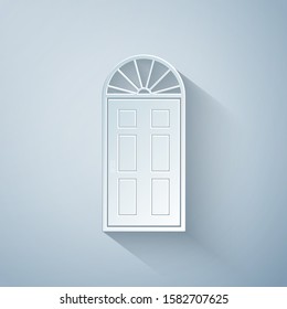 Paper cut Closed door icon isolated on grey background. Paper art style. Vector Illustration