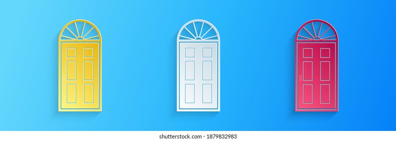 Paper cut Closed door icon isolated on blue background. Paper art style. Vector.