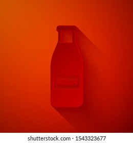 Paper cut Closed glass bottle with milk and cap icon isolated on red background. Paper art style. Vector Illustration