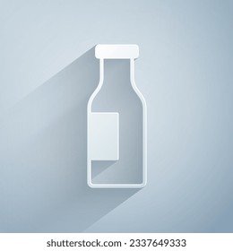 Paper cut Closed glass bottle with milk icon isolated on grey background. Paper art style. Vector