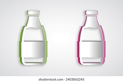 Paper cut Closed glass bottle with milk icon isolated on grey background. Paper art style. Vector