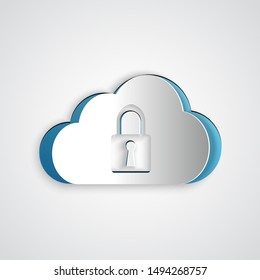 Paper cut Cloud computing lock icon isolated on grey background. Security, safety, protection concept. Paper art style. Vector Illustration