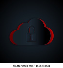 Paper cut Cloud computing lock icon isolated on black background. Security, safety, protection concept. Paper art style. Vector Illustration