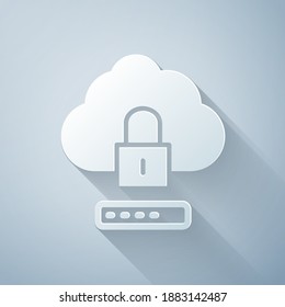 Paper cut Cloud computing lock icon isolated on grey background. Security, safety, protection concept. Protection of personal data. Paper art style. Vector