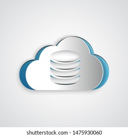 Paper cut Cloud database icon isolated on grey background. Cloud computing concept. Digital service or app with data transferring. Paper art style. Vector Illustration