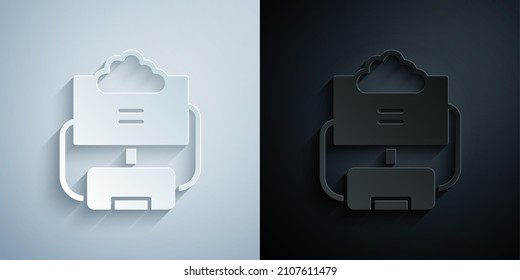 Paper cut Cloud database icon isolated on grey and black background. Cloud computing concept. Digital service or app with data transferring. Paper art style. Vector