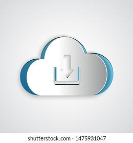 Paper cut Cloud download icon isolated on grey background. Paper art style. Vector Illustration