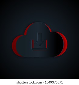 Paper cut Cloud download icon isolated on black background. Paper art style. Vector Illustration