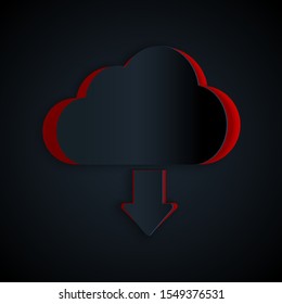 Paper cut Cloud download icon isolated on black background. Paper art style. Vector Illustration