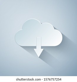 Paper cut Cloud download icon isolated on grey background. Paper art style. Vector Illustration