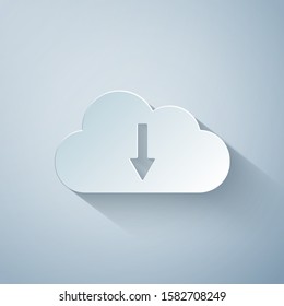 Paper cut Cloud download icon isolated on grey background. Paper art style. Vector Illustration