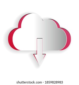 Paper cut Cloud download icon isolated on white background. Paper art style. Vector.