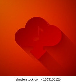 Paper cut Cloud download music icon isolated on red background. Music streaming service, sound cloud computing, online media streaming, audio wave. Paper art style. Vector Illustration