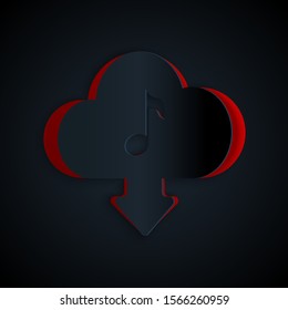 Paper cut Cloud download music icon isolated on black background. Music streaming service, sound cloud computing, online media streaming, audio wave. Paper art style. Vector Illustration