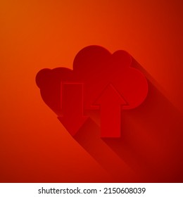 Paper cut Cloud download and upload icon isolated on red background. Paper art style. Vector Illustration